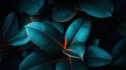 A close-up image of vibrant teal leaves with striking orange veins, creating a moody yet captivating composition, Ideal for nature-themed projects, backgrounds, or botanical designs,