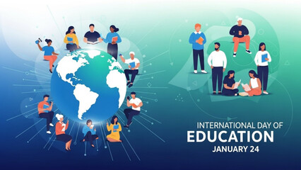 Diverse group of people learning and connecting around the globe celebrating International Day of Education concept for knowledge and global unity