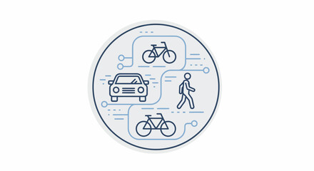 Transportation options - car, bicycle, and pedestrian in a circular design.