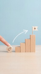 Minimal business growth concept with wooden blocks, rising steps and goal flag. Startup progress, strategy development and success planning on blue background. Vertical bg