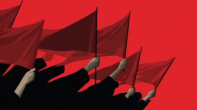 A collection of silhouetted hands holding red flags against a striking red background, symbolizing unity and protest ideal for editorial content, activism, or themes of change,