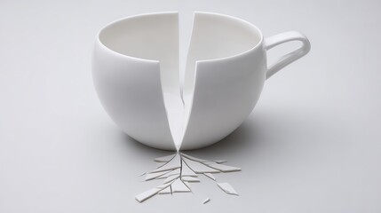 shards. A white ceramic mug cleanly split in two halves, fragments scattered on a plain surface. menu design, packaging mockups, designed for food delivery and cloud-kitchen brand materials.
