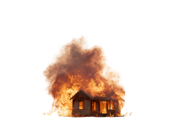 A small house engulfed in flames and smoke against a stark black background