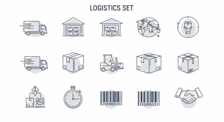Fototapeta premium Logistics and Delivery Service Icons Set for Global Shipping and Warehouse Operations.