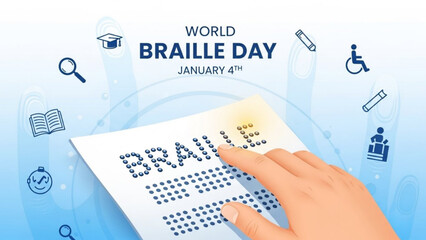 World Braille Day illustration hand reading braille text on paper with educational and accessibility icons concept for awareness and inclusion