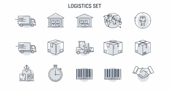 Logistics and Delivery Service Icons Set for Global Shipping and Warehouse Operations.