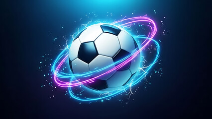 Naklejka premium Dynamic Glowing Soccer Ball with Neon Light Rings on Beautiful Background