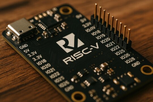 A RISC-V microcontroller board is positioned on a wooden surface. The board shows connectors and pins. Light highlights the details and features.