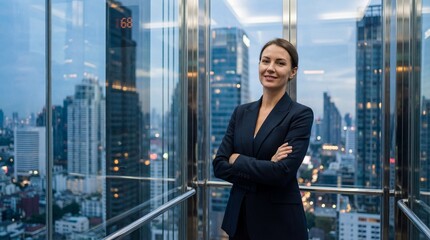 Fototapeta premium Confident Businesswoman Standing in Glass Elevator with City Skyline View