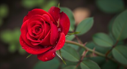 Naklejka premium Vibrant Red Rose Blooming with Dewdrops, Close-Up Floral Photography, Romantic Valentine's Day Symbol, Macro Shot, Soft Lighting, High Resolution