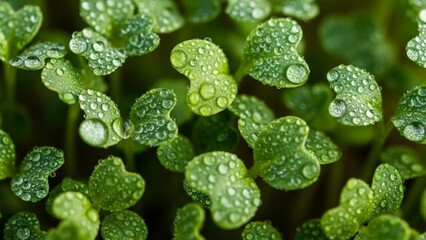 Close-up of fresh microgreens with heart-shaped green leaves and water droplets. Nutrition, organic farming, plant growth, eco lifestyle, and sustainable agriculture.