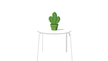 A potted green cactus stands upright on a small, minimalist white round table, adding a touch of natural simplicity to the decor.