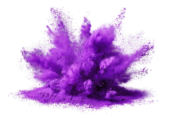 A dynamic burst of violet-hued powder, erupting and dispersing against a stark black backdrop