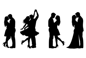 Silhouette of four romantic couples set featuring man and woman kissing in wedding dress dancing hugging and standing together