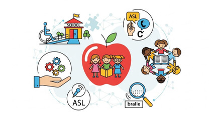 Inclusive education concept with diverse students learning together representing accessibility ASL and braille flat vector illustration for educational materials