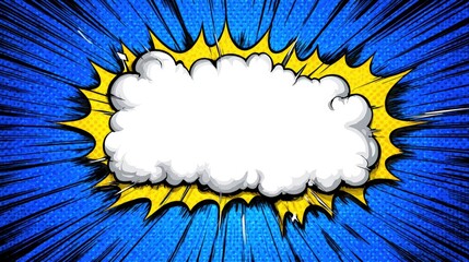 Colorful comic-style burst with a blank white cloud in the center, ideal for adding text or captions, Perfect for marketing, social media, or creative projects requiring a vibrant background,