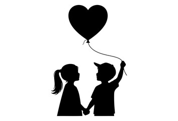 Silhouette of little boy and girl holding hands with heart shaped balloon symbol of childhood love and friendship
