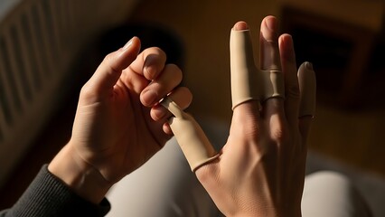 Close-up of hand with finger splints for support and recovery