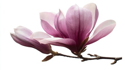 A close-up of a delicate pink magnolia flower showcasing its petals and branch, ideal for nature-themed projects, floral arrangements, or wellness materials,