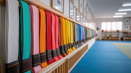 Colorful Martial Arts Belts Neatly Displayed