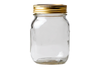 A clear glass jar with a gold-colored lid, shot on a black background