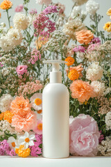 Empty cosmetic bottle against a backdrop of wildflowers. AI generation