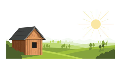A rustic wooden shed with a dark roof stands in a vibrant green landscape of rolling hills and trees under a bright shining sun.