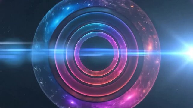 Concentric Neon Rings With Galaxy Nebula Effect And Lens Flare On Black Background
