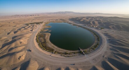 High-angle view of a serene lake in a desert landscape. A curving road encircles the water. Sandy dunes and distant hills
