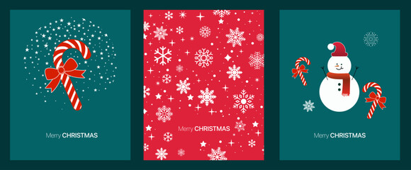 Christmas Greeting Card Set with Candy Cane, Snowflakes and Snowman, Festive Holiday Illustrations in Red and Green Colors, Vector Design