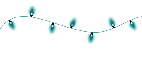 A wavy string of glowing teal decorative lights against a clean white background, perfect for festive designs.