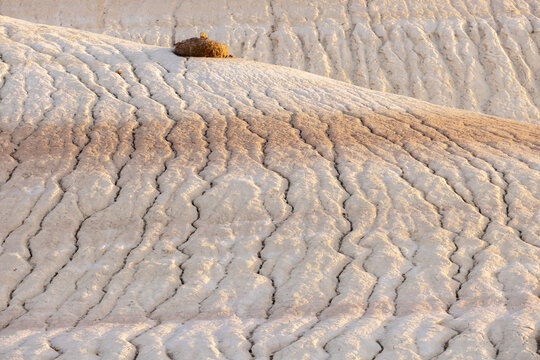 View of the arid landscape with light colored earth, and rust colored striations creating a textured pattern, Senek, Mangystau Region, Kazakhstan.