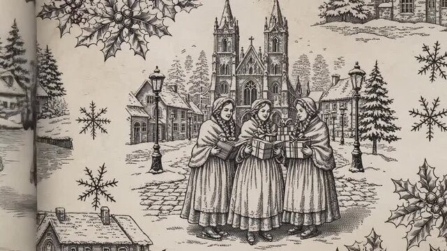 Traditional European Christmas tableau with elegant young women in winter attire, seamless vintage engraved vector pattern inspired by classic holiday folklore scenes