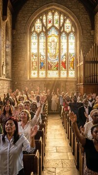 Congregation celebrating and raising hands in prayer during a church service