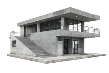 Modern architectural structure featuring concrete, glass, and stairs on a black background