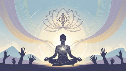 Silhouette of a person meditating in lotus pose with spiritual symbols and raised hands representing inner peace and enlightenment for wellness and yoga concepts