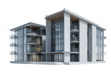 Modern architectural rendering of multi-story building complex with glass and concrete facade