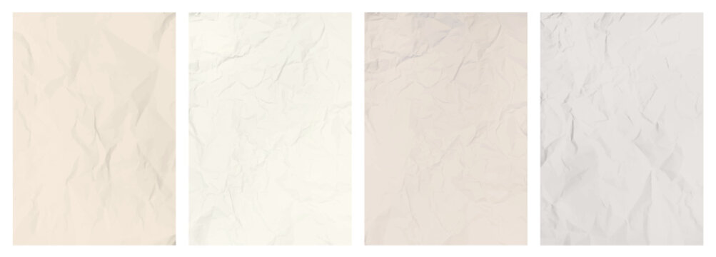 Ecru paper background with rough, crumpled texture set. Collection of vintage Korean style dusty cream wallpaper. Off white wrinkled sheet vector template. Thin retro Japanese, Chinese packaging paper
