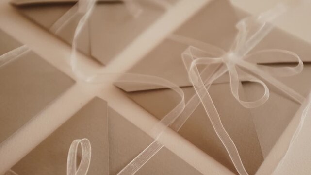 Sage green cardboard envelope with white transparent lace ribbon and a bow. Holiday, birthday, Christmas or wedding elegant greeting card, invitation, gift card or present.