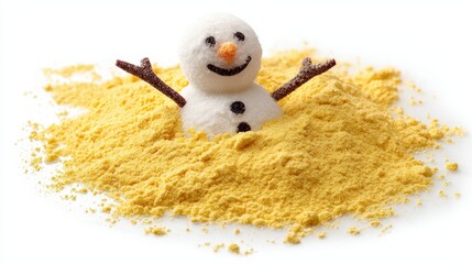 A whimsical snowman made of sugar sits cheerfully in a pile of yellow powder, conveying a playful holiday spirit, Ideal for use in food blogs, festive marketing, or seasonal crafts,