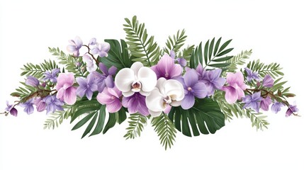 A vibrant floral arrangement featuring orchids and lush greenery, ideal for use in invitations, greeting cards, or home decor projects adding a touch of elegance and natural beauty,