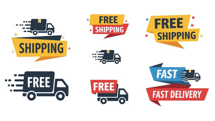 Set of shipping and delivery icons with trucks and banners.