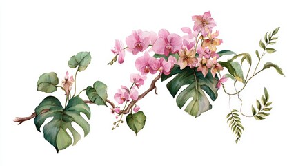 A vibrant illustration of delicate pink orchids alongside lush green leaves, perfect for botanical designs, home decor, or wedding invitations, enhancing a natural and elegant aesthetic,