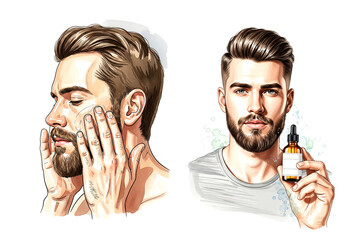 Watercolor artwork depicting beard oil application, highlighting grooming rituals, nourishment, and stylish masculine care for daily routines
