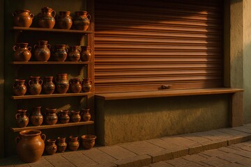 Closed Mexican market stall with handmade ceramic pots in morning light traditional pottery.
