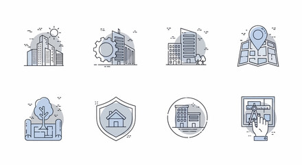 Set of eight line art icons representing various aspects of urban development and real estate.