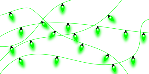 Bright green glowing string lights on a white background, creating a festive and decorative illumination.