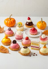 Colorful Assortment of Mini Desserts and Pastries on a White Table with Seasonal Decorations and Textures