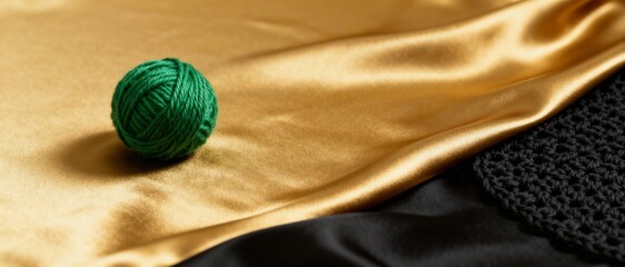 Minimalist Crochet Corner Featuring Soft Green Wool on Elegant Background with Satin and Textured Fabric Contrast