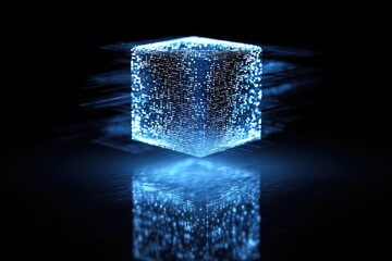 Glowing blue cube suspended over a reflective surface in a dark, digital-looking setting